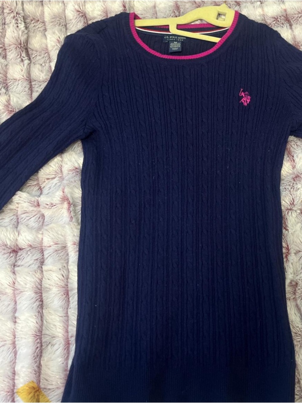 U.S. Polo Assn. Navy Cable-Knit Crewneck Sweater with Pink Trim
